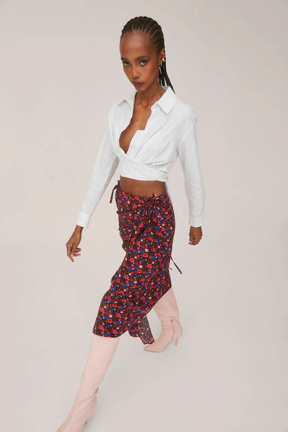 Ayesha Pleated Wrap Skirt In Black Floral Silk