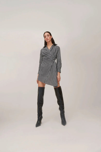 Sashi Wrap Dress In Black and White Striped Cotton