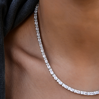 Diamond Mixed Oval Cut Tennis Necklace in White Gold- 3mm