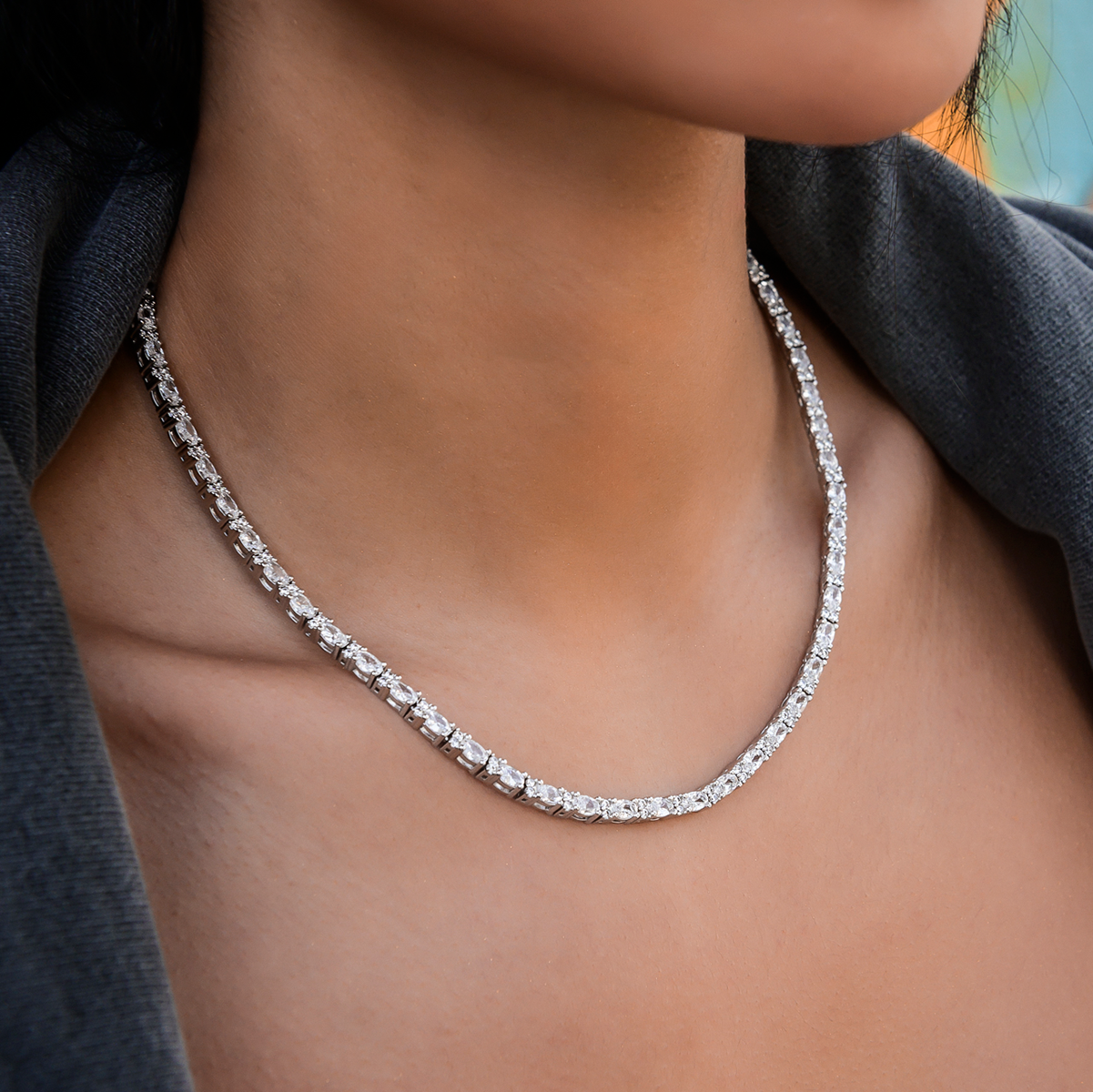 Diamond Mixed Oval Cut Tennis Necklace in White Gold- 3mm
