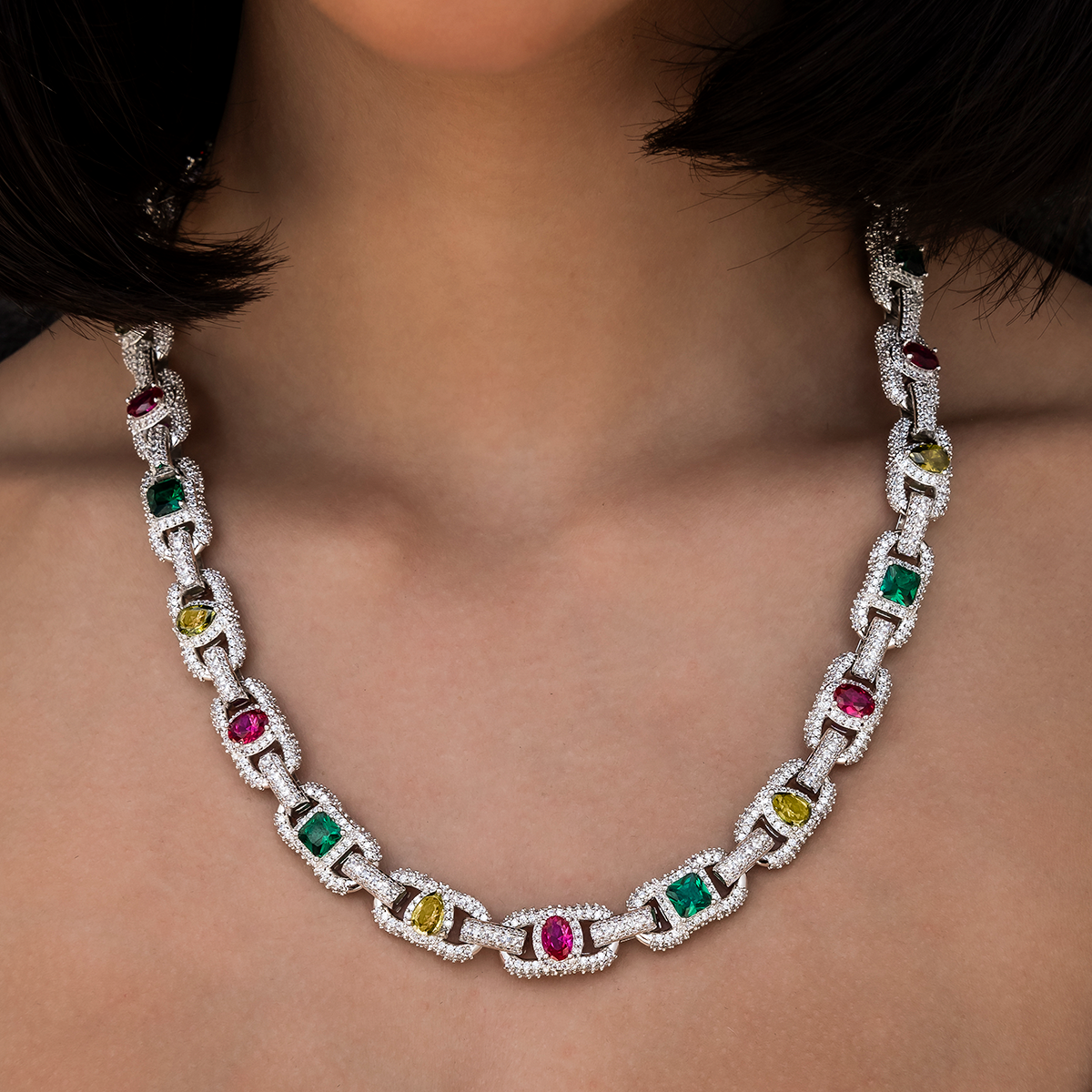 Diamond Multicolor Cluster Mariner Necklace in White Gold
