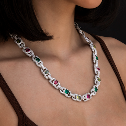 Diamond Multicolor Cluster Mariner Necklace in White Gold