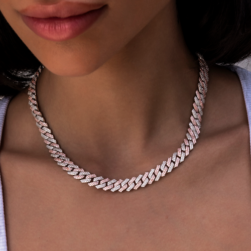 Diamond Prong Cuban Necklace in Rose/White Gold- 8.5mm