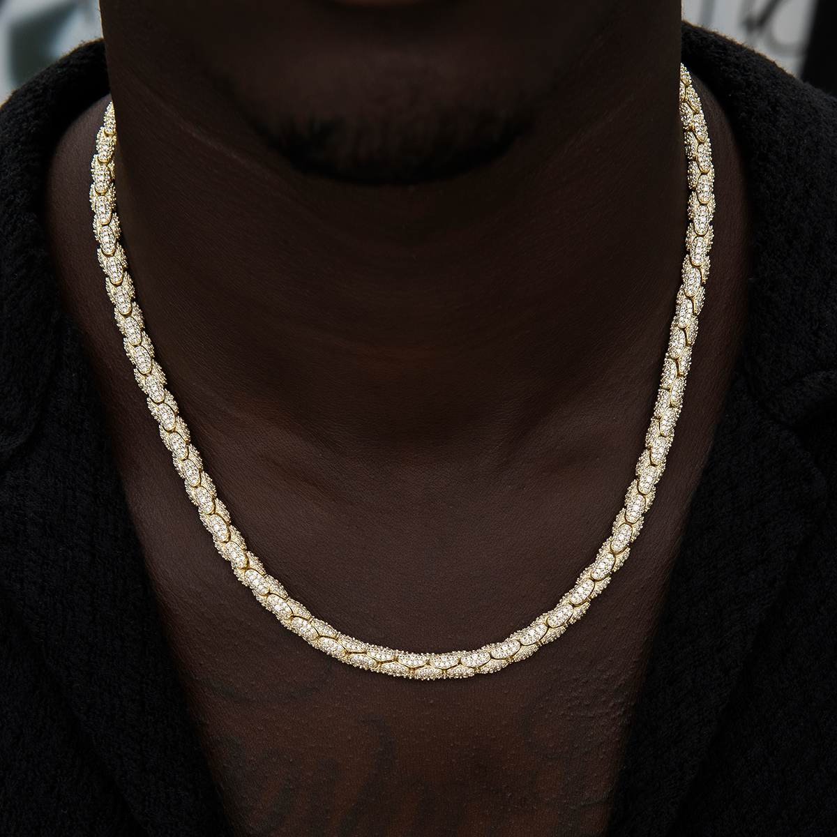 Diamond Pave Snake Link Chain in Yellow Gold-6mm