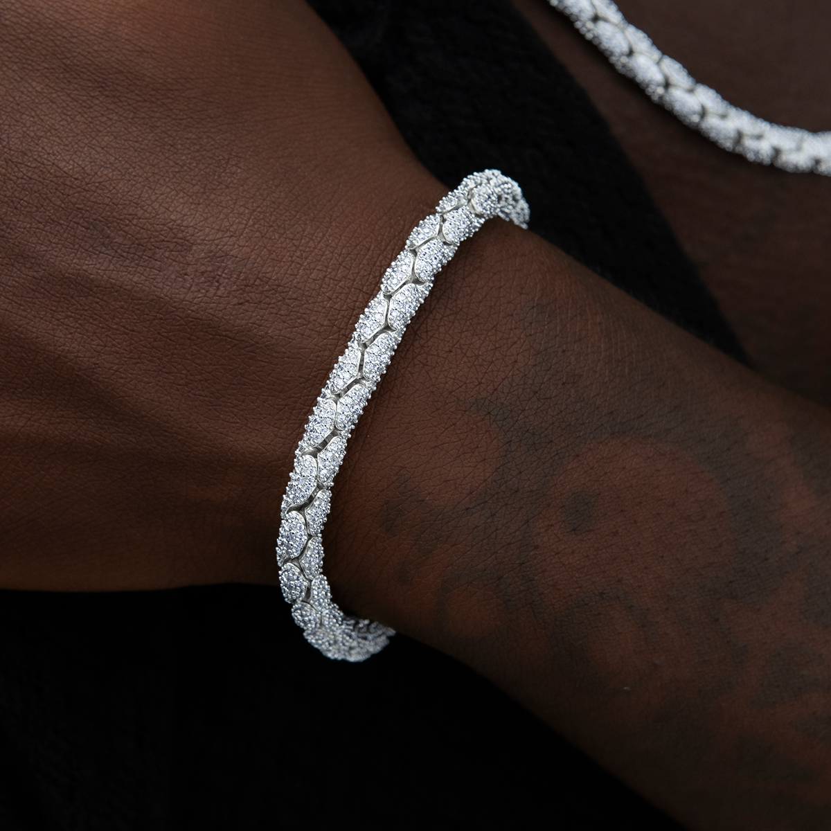 Diamond Pave Snake Link Bracelet in White Gold-6mm