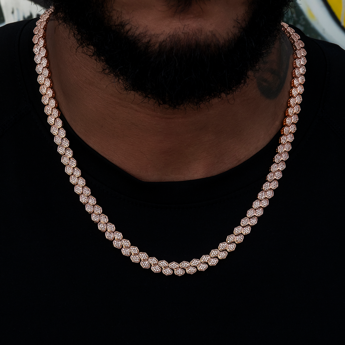 Diamond Pave Flat Snake Link Chain in Rose Gold-4mm