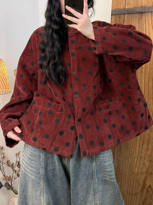 女復古秋季圓點立領燈芯絨夾克