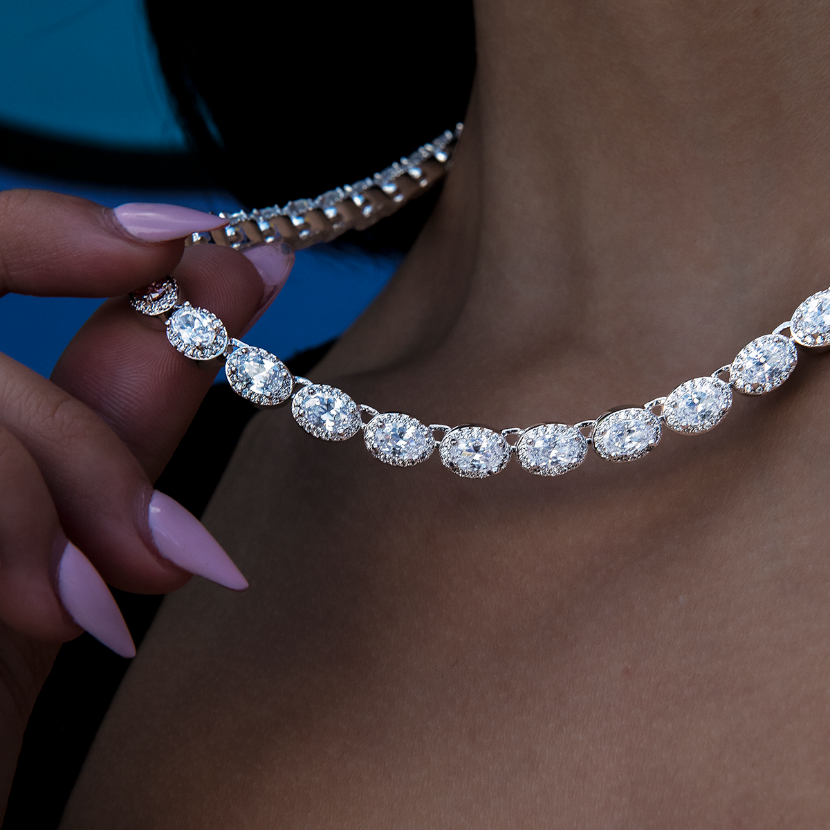 Diamond Oval Clustered Tennis Necklace + Bracelet Bundle in White Gold- 4mm
