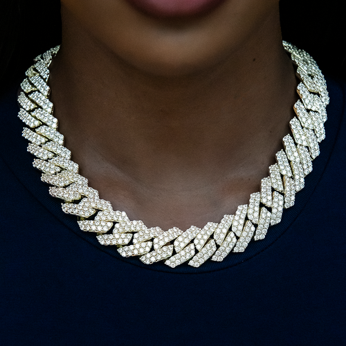 Diamond Prong Cuban Necklace in Yellow Gold- 19mm