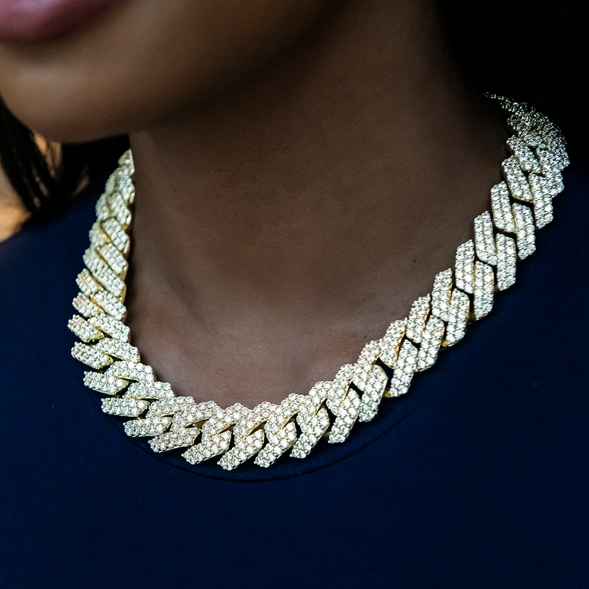 Diamond Prong Cuban Necklace in Yellow Gold- 19mm