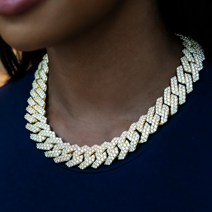 Diamond Prong Cuban Necklace in Yellow Gold- 19mm