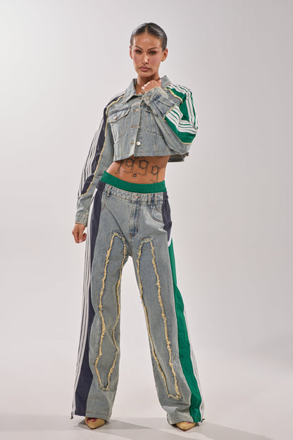 ALL AROUND THE WORLD PATCHWORK DENIM JOGGER PANT IN GREEN MULTI