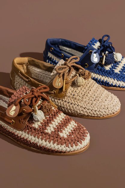 Cyprus Crochet Boat Shoe In Caramel and Ivory Crochet and Caramel Leather