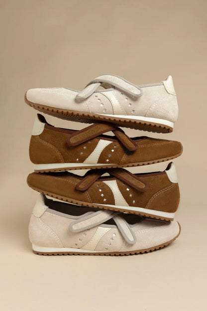 Stella Ballerina Flat In Mushroom Grey Suede and Ivory Leather