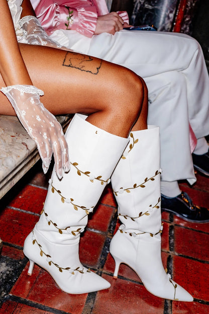 Larroudé x Tanner Fletcher: Kate Mid Rose Vines Boot Ivory Leather