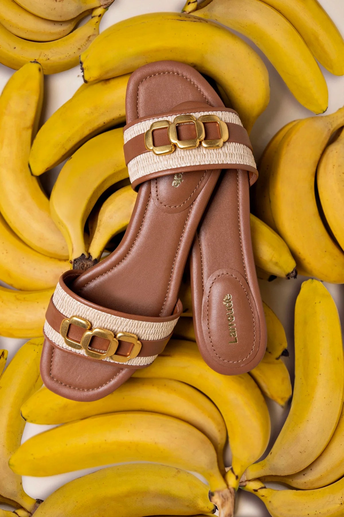Franca Flat In Natural Raffia And Caramel Leather