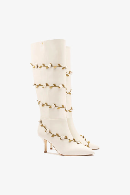 Larroudé x Tanner Fletcher: Kate Mid Rose Vines Boot Ivory Leather