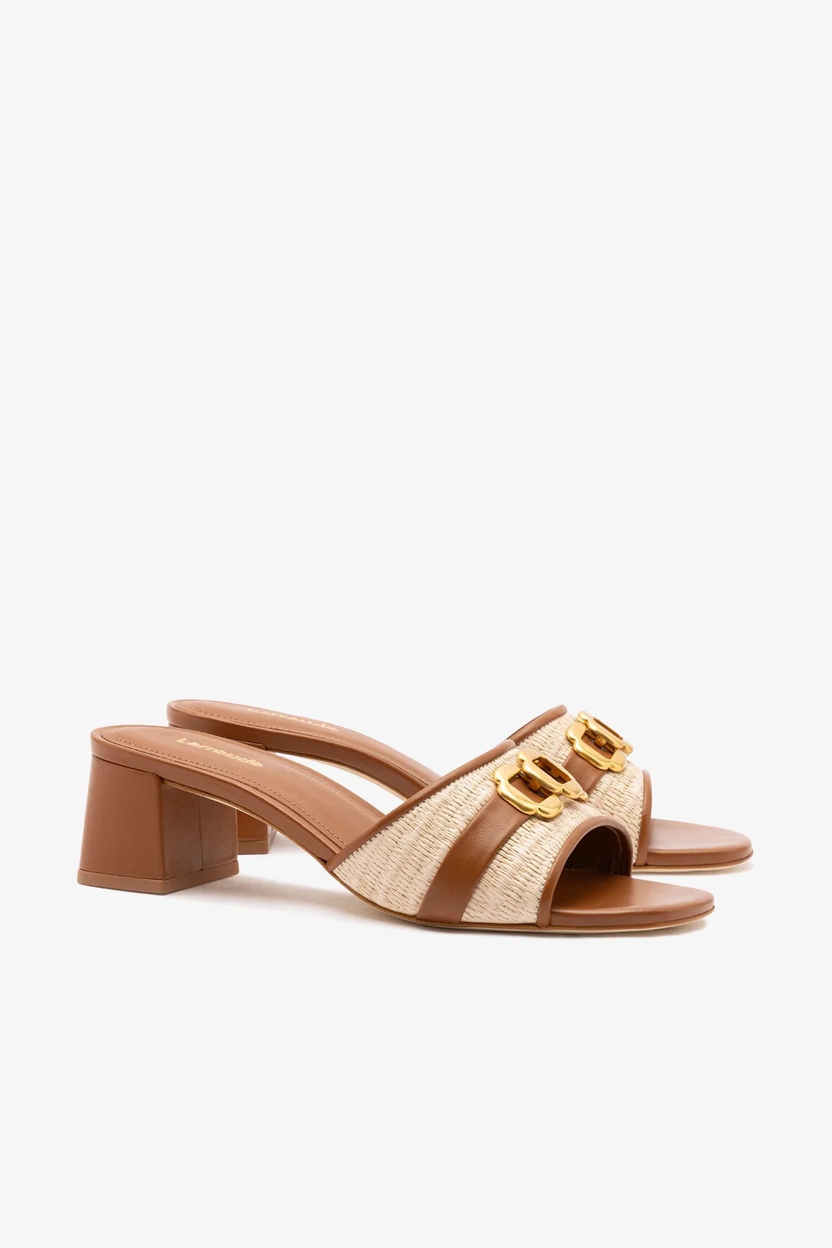 Franca Block Sandal In Natural Raffia And Caramel Leather