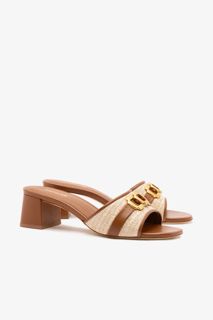 Franca Block Sandal In Natural Raffia And Caramel Leather