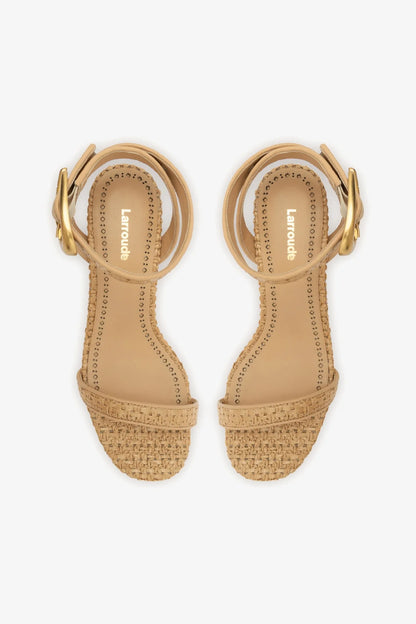 Verona Block Sandal In Beige Leather and Natural Raffia