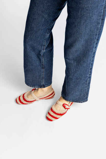 Verona Crochet Ballet Flat In Scarlet and Ivory Crochet