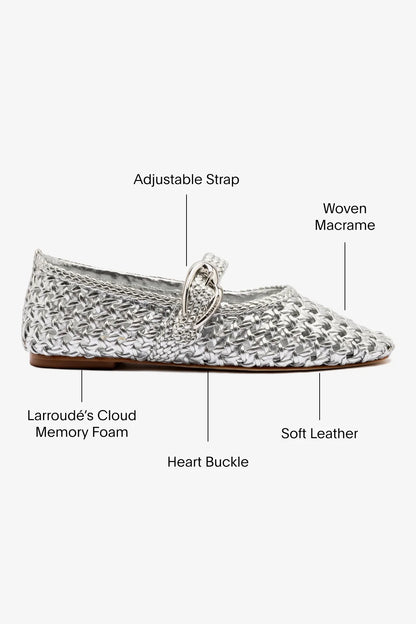 Verona Macrame Ballet Flat In Silver Metallic Leather