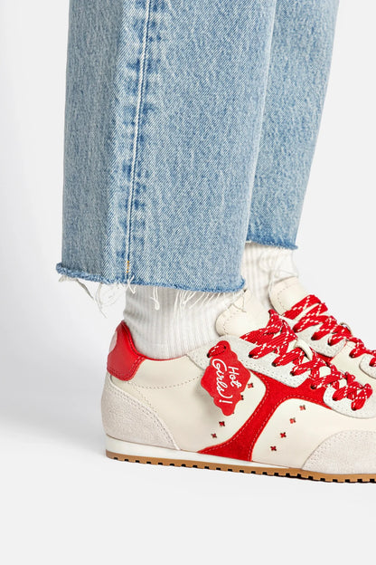 Stella Amore Sneaker In Ivory Leather and Scarlet Suede
