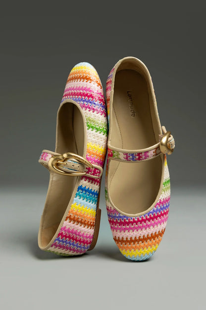 Verona Ballet Flat In Rainbow Raffia and Beige Leather