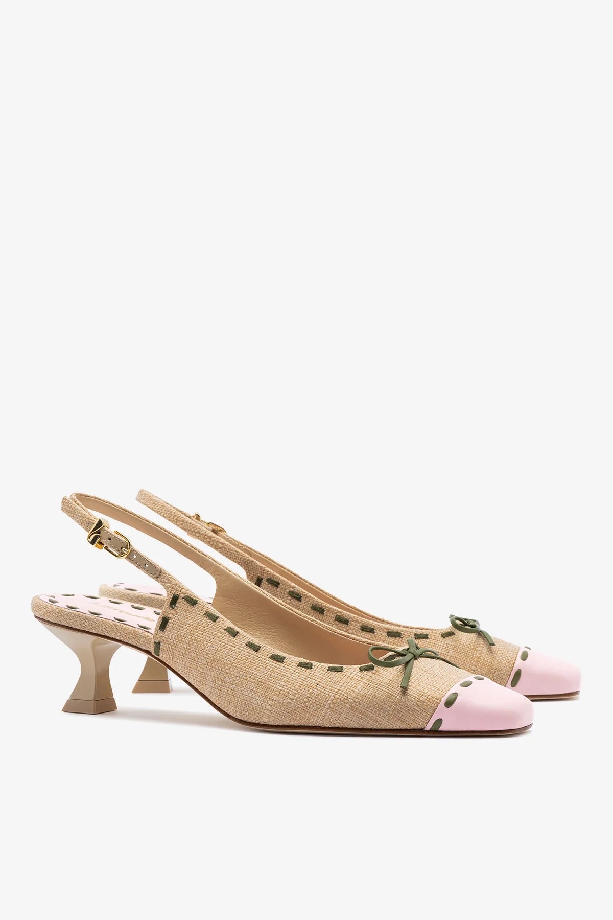 Jenny Pump In Beige Raffia and Tulip and Seaweed Leather