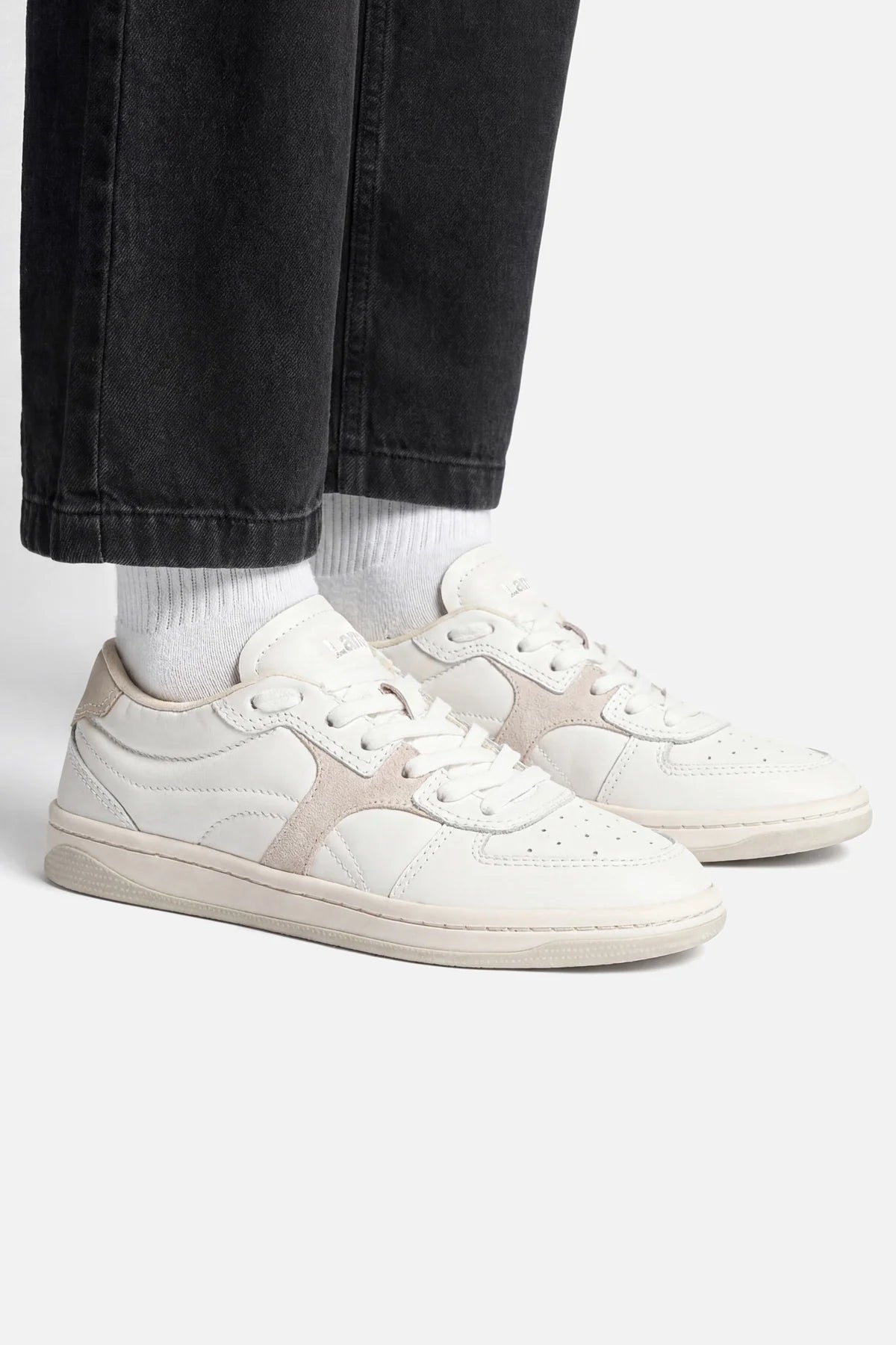 George Sneaker In White Leather and Mushroom Grey Suede