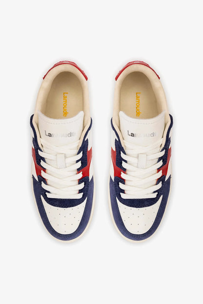 George Sneaker In White and Blood Red Leather and Navy Suede