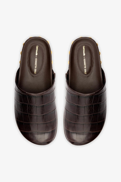 Larroudé x Kenneth Cole: Clog Dark Oak Croco Leather