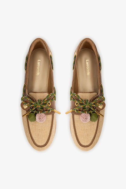 Cyprus Boat Shoe In Beige Raffia And Brown Leather