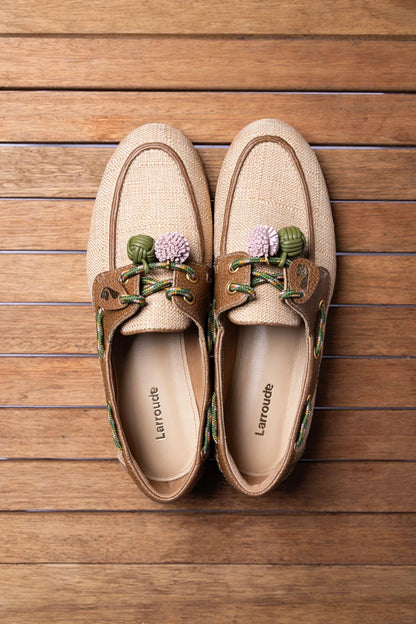 Cyprus Boat Shoe In Beige Raffia And Brown Leather