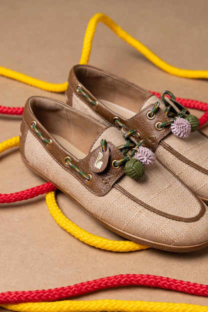 Cyprus Boat Shoe In Beige Raffia And Brown Leather