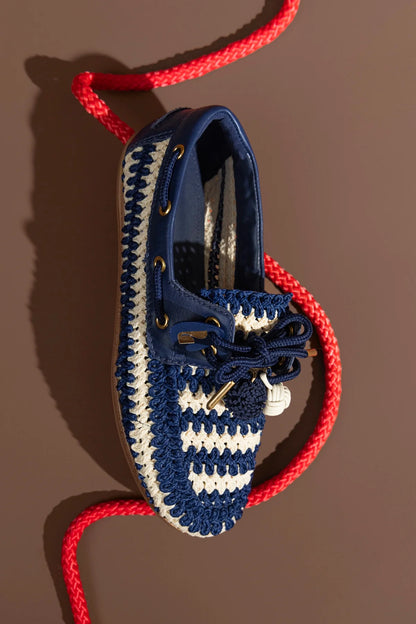 Cyprus Crochet Boat Shoe In Navy and Ivory Crochet and Navy Leather