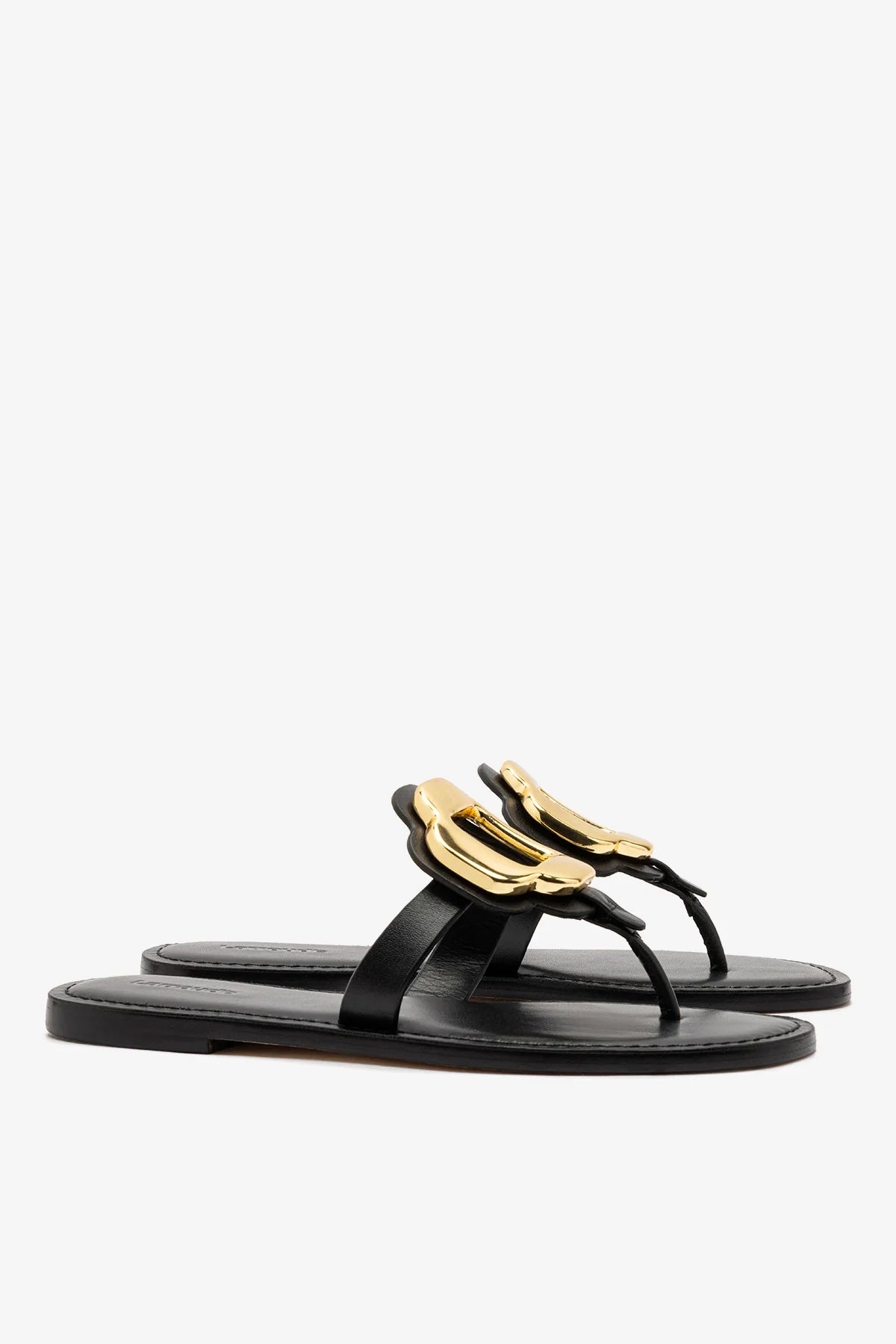 Margherita Thong Sandal in Black Leather and Gold Hardware