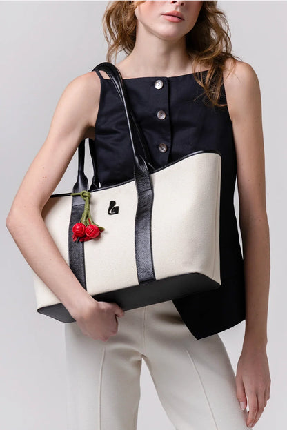 City Tote Bag Natural Canvas and Black Leather