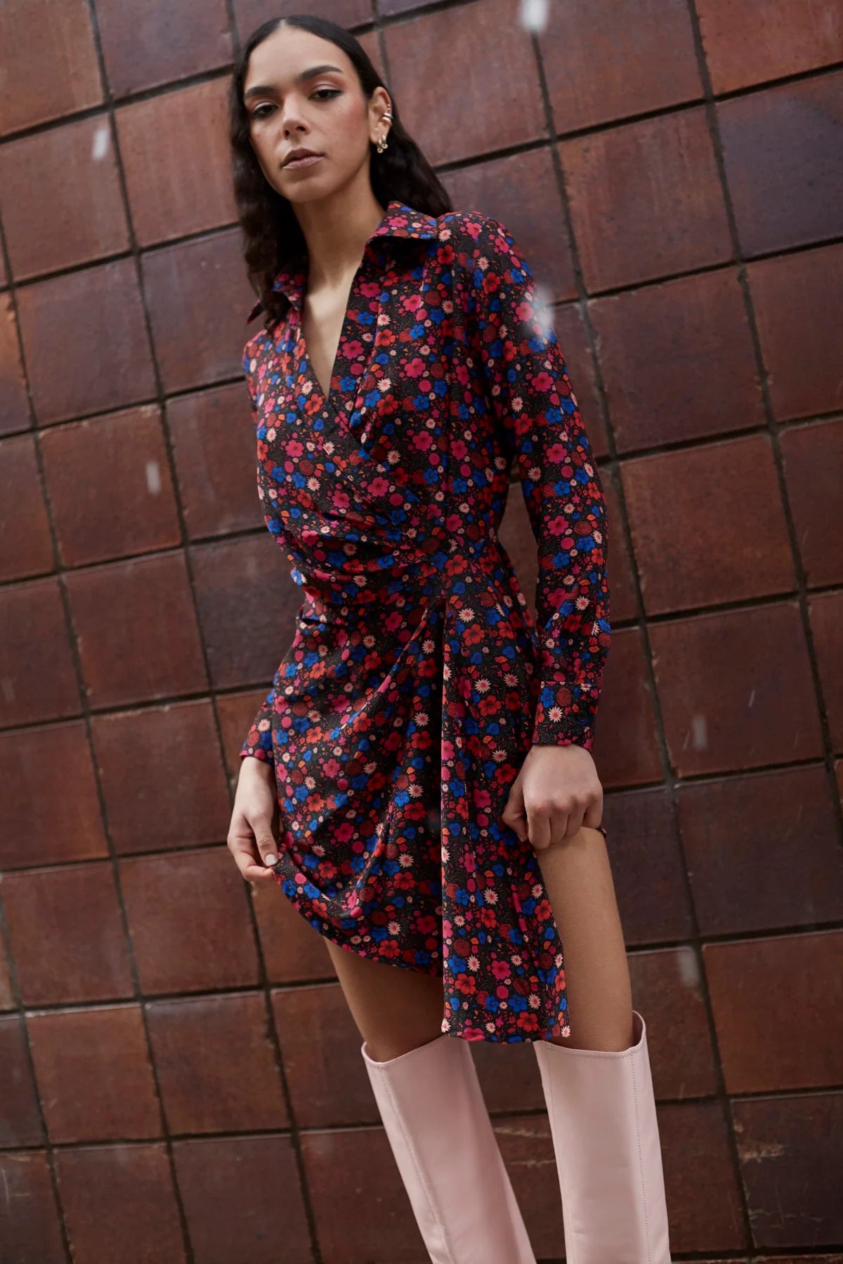 Sashi Wrap Dress In Black Floral Silk