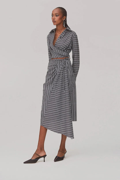 Ayesha Pleated Wrap Skirt In Black and White Striped Cotton