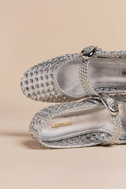 Verona Macrame Ballet Flat In Silver Metallic Leather