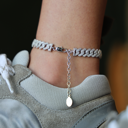 Diamond Prong Cuban Anklet in White Gold- 8.5mm