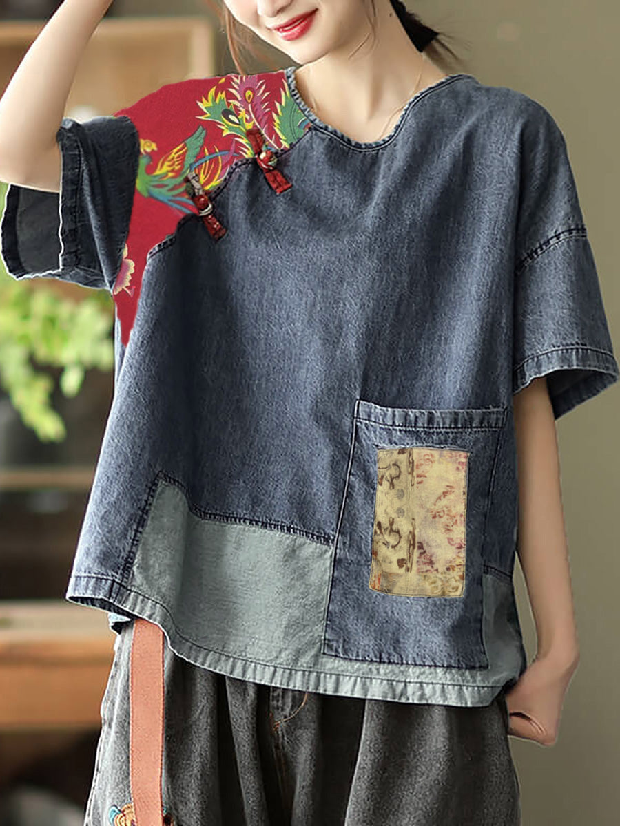 大尺碼女款夏季復古拼接牛仔襯衫