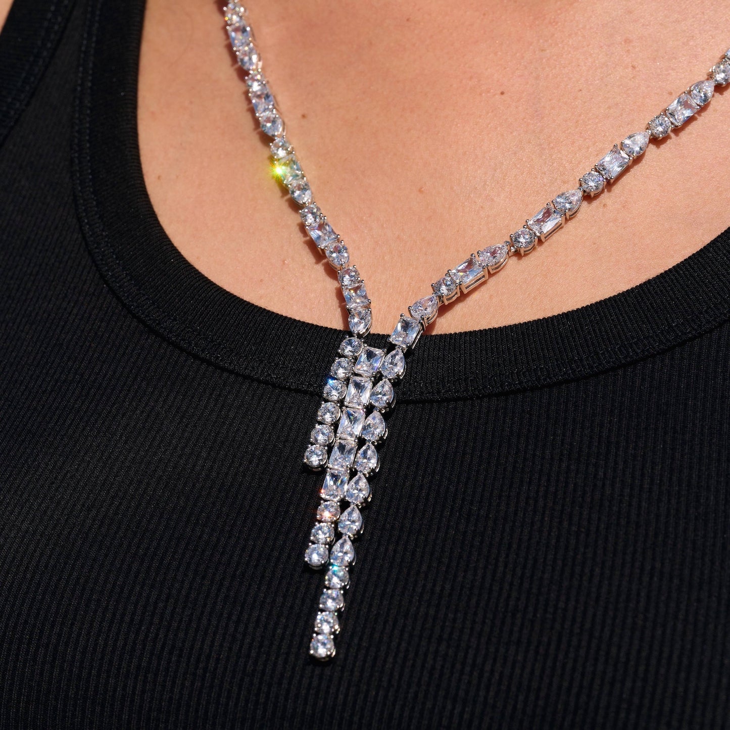 Diamond Mixed Stone Lariat Necklace in White Gold