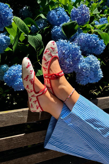 Verona Ballet Flat In White Striped Fabric and Lobster Embroidery
