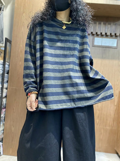 女士夏季條紋拼色棉質圓領襯衫